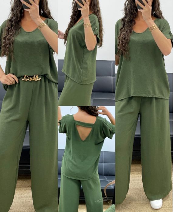 Ensemble Top Dos Ouvert + Pantalon Large avec Bijou