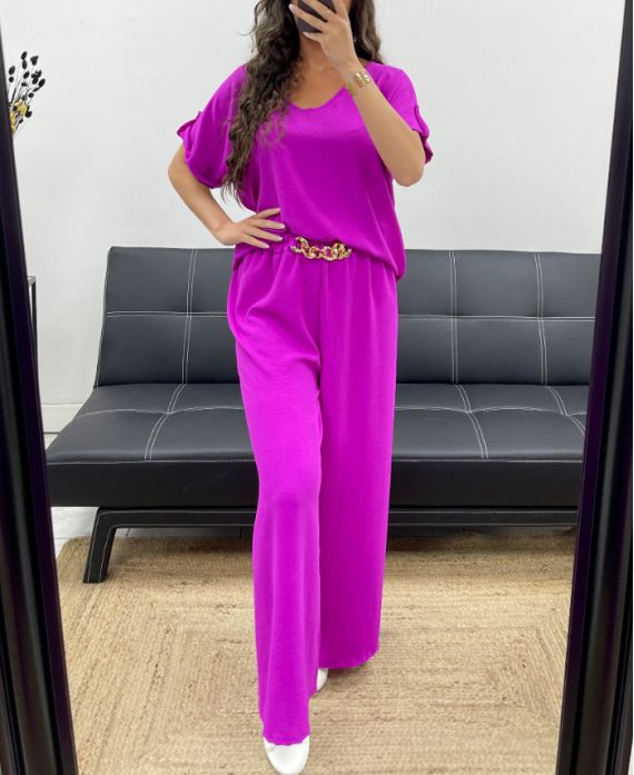 Ensemble Top Dos Ouvert + Pantalon Large avec Bijou