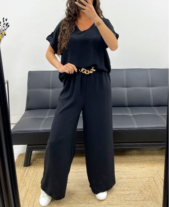 Ensemble Top Dos Ouvert + Pantalon Large avec Bijou