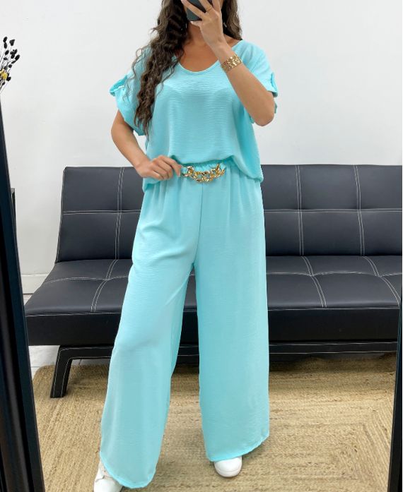 Ensemble Top Dos Ouvert + Pantalon Large avec Bijou