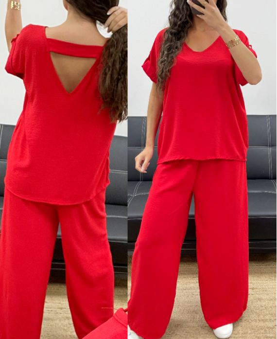 Ensemble Top Dos Ouvert + Pantalon Large avec Bijou