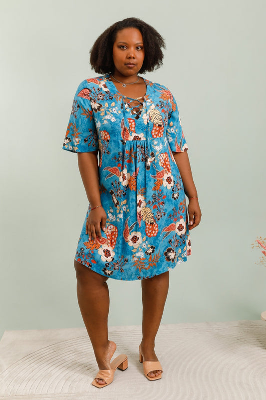 Robe Imprimé Col V, Noeud en Viscose