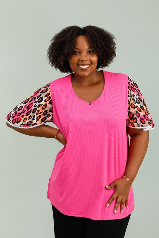Blouse à Col Rond, Manches Imprimé avec Dentelles