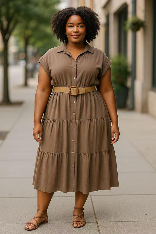 Robe Col Lavallière avec Ceinture et Manches Courtes